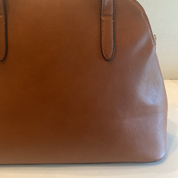 Brown dome shaped satchel bag faux leather gold tone hardware 2 handles - Picture 8 of 16